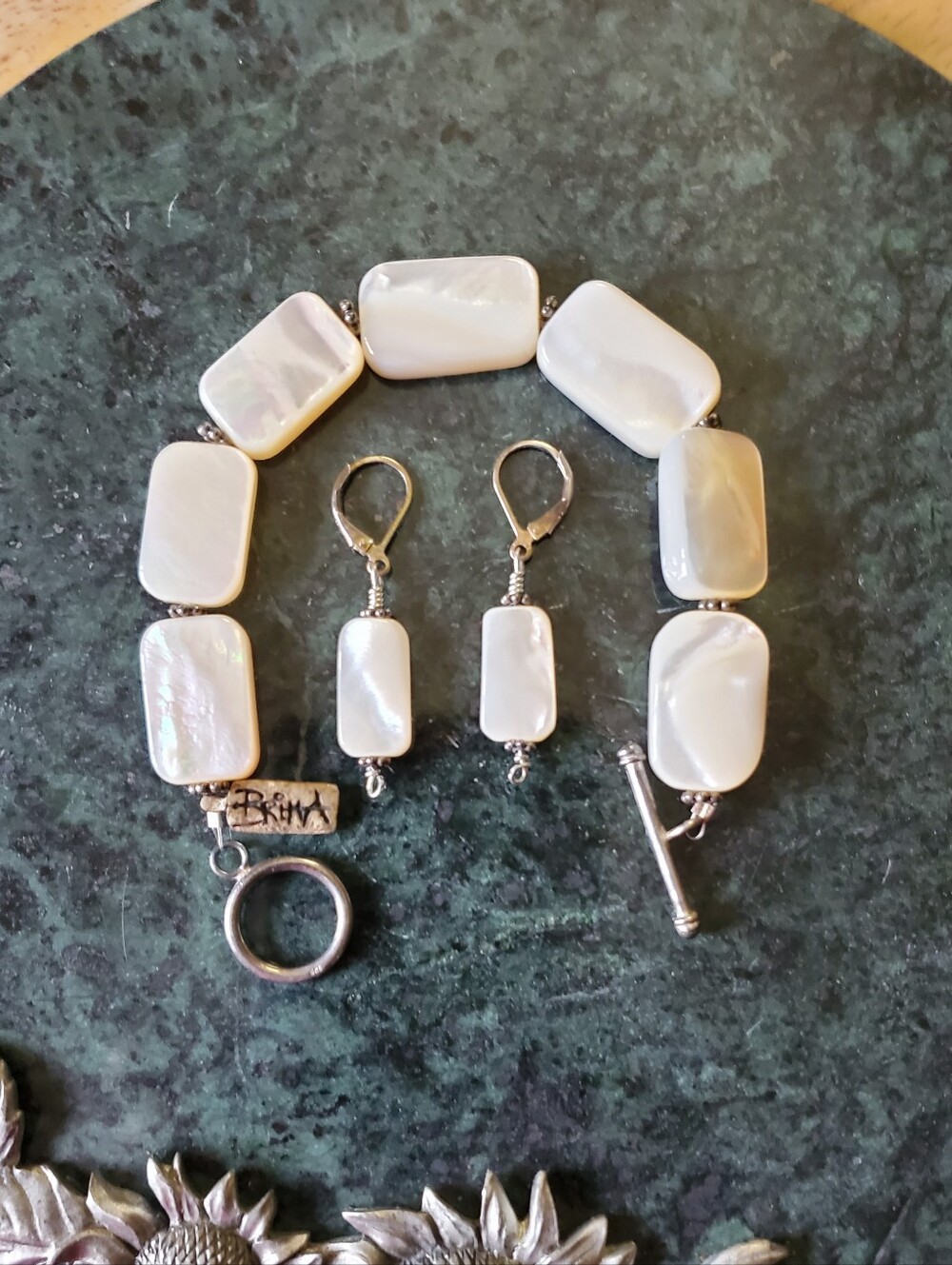 Vtg. Artisan Signed MOP Bracelet & Earrings Set